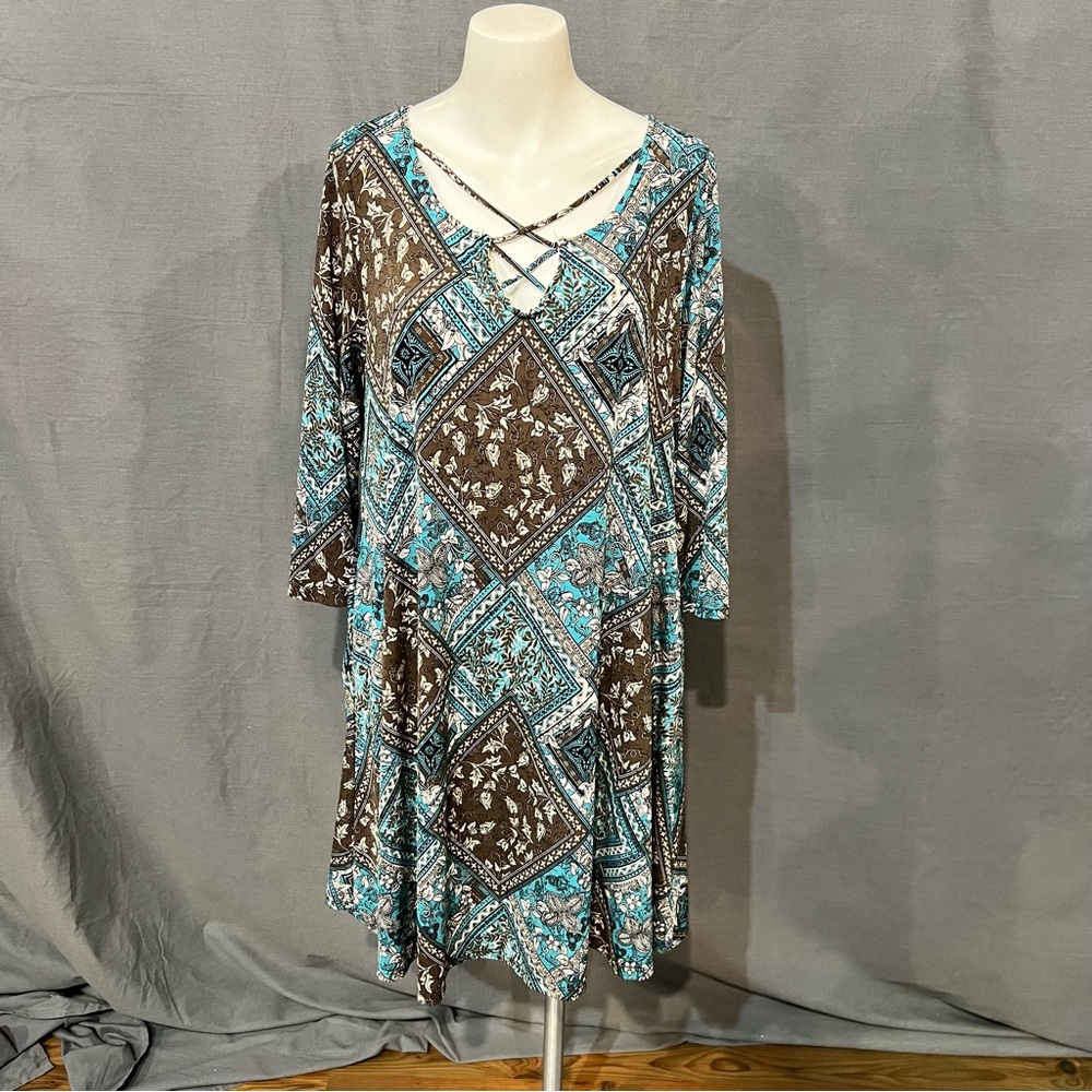 Honeyme Geometric Patterned Dress in Brown and Teal